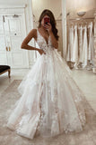Glamorous A-line V-neck Straps Appliques Wedding Dress With Lace-misshow.com