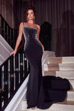 Glamorous Black Long Glitter One Shoulder Sleeveless Sequined Mermaid Evening Dress-misshow.com
