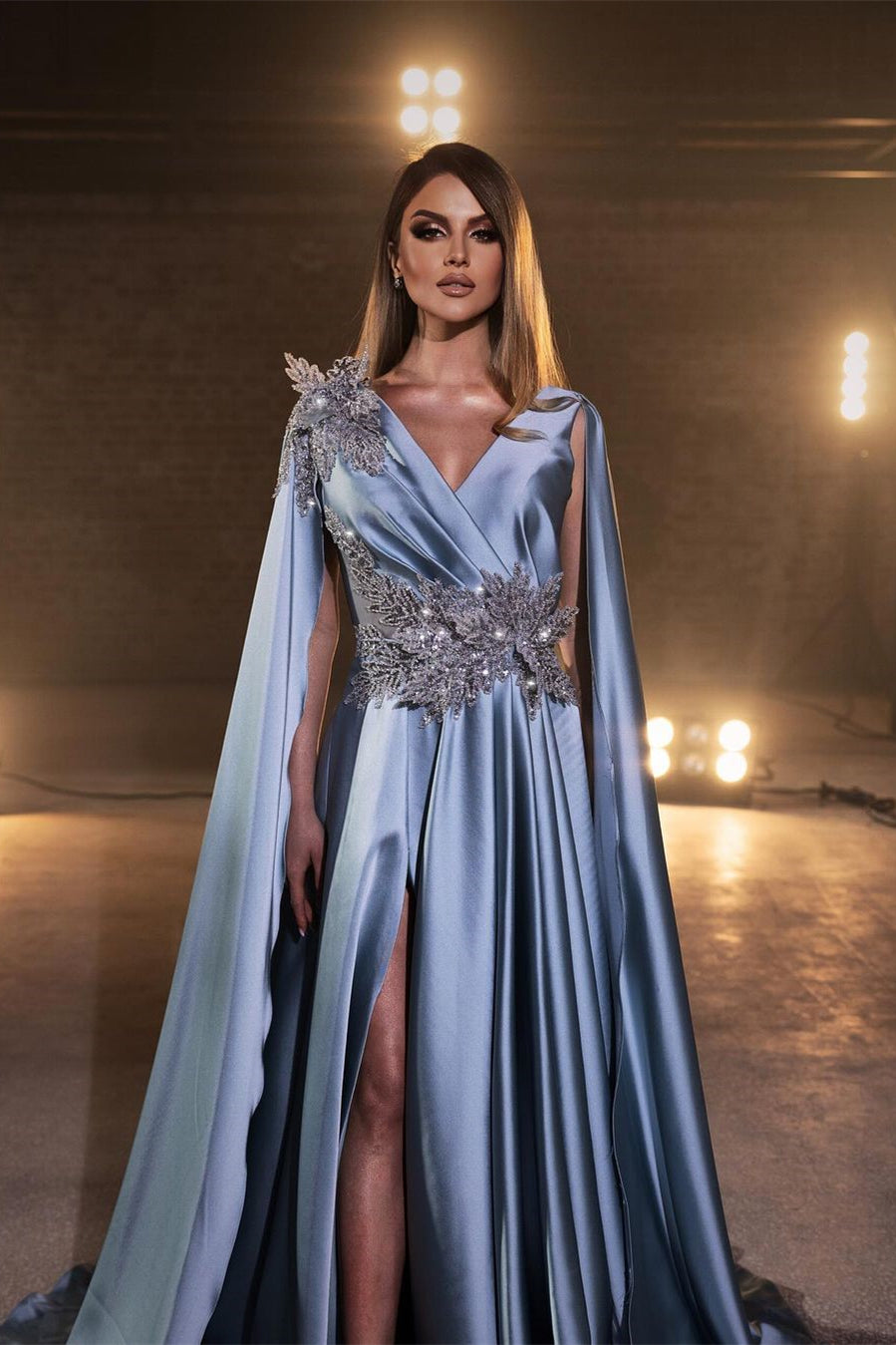 Glamorous Blue Long A-line V-neck Split Beading Prom Dress-misshow.com