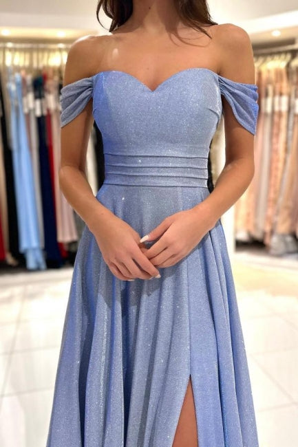 Glamorous Blue Long Glitter Off-the-shoulder Sleeveless Evening Dresses With Slit-misshow.com