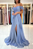 Glamorous Blue Long Glitter Off-the-shoulder Sleeveless Evening Dresses With Slit-misshow.com