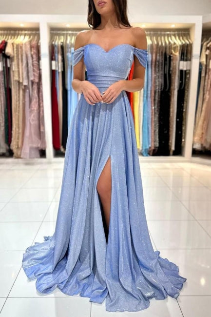 Glamorous Blue Long Glitter Off-the-shoulder Sleeveless Evening Dresses With Slit-misshow.com
