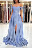 Glamorous Blue Long Glitter Off-the-shoulder Sleeveless Evening Dresses With Slit