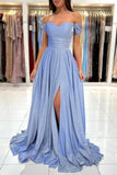 Glamorous Blue Long Glitter Off-the-shoulder Sleeveless Evening Dresses With Slit-misshow.com