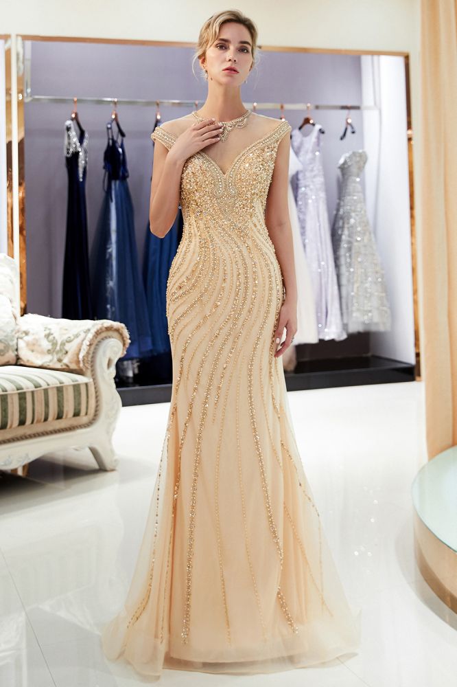 MISSHOW offers Glamorous Cap Sleeves Mermaid Golden Beading Evening Gown at a good price from Gold,Tulle to Mermaid Floor-length them. Stunning yet affordable Sleeveless Prom Dresses,Evening Dresses.