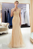Glamorous Cap Sleeves Mermaid Golden Beading Evening Gown