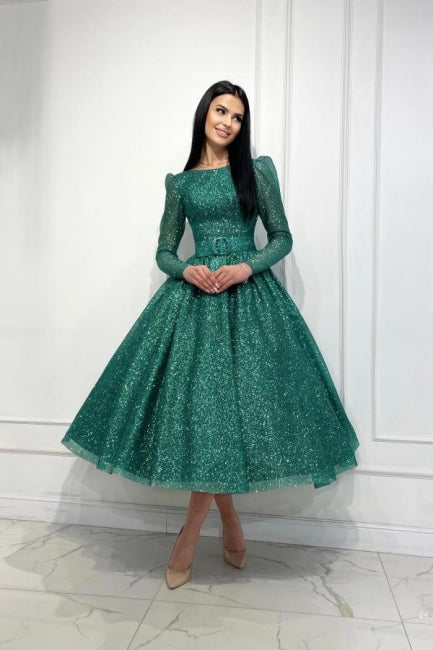 Glamorous Dark Green A-line Sequined Ankle Length Prom Evening Dresses with Long Sleeves