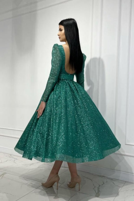 Glamorous Dark Green A-line Sequined Ankle Length Prom Evening Dresses with Long Sleeves