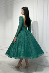 Glamorous Dark Green A-line Sequined Ankle Length Prom Evening Dresses with Long Sleeves