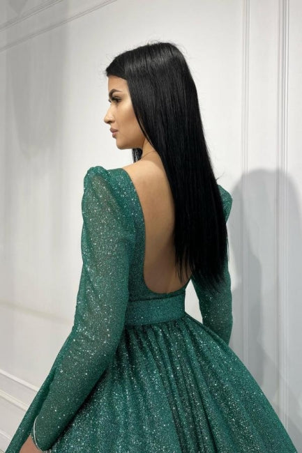 Glamorous Dark Green A-line Sequined Ankle Length Prom Evening Dresses with Long Sleeves