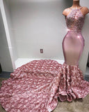 Glamorous Halter Mermaid Pink Prom Dress Lace With 3D-Floral Flowers Bottom-misshow.com