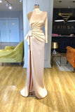 Glamorous high neck long sleeves column satin Evening dresses split front-misshow.com