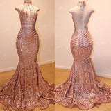 Glamorous High-Neck Sleeveless Sequins Mermaid Long Sequins Evening Gowns-misshow.com