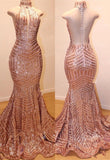 Glamouröse, hochgeschlossene, ärmellose Pailletten-Meerjungfrau-Abendkleider mit langen Pailletten
