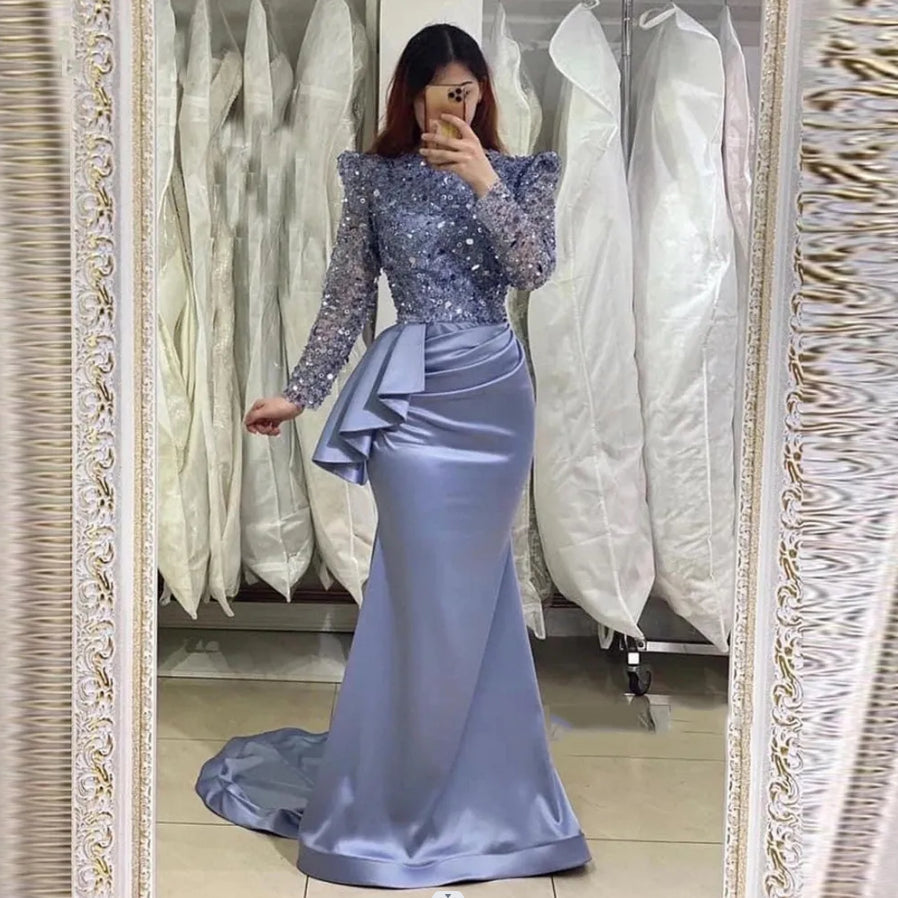 Glamorous Lavender Long Mermaid High Neck Beading Prom Dress With Long Sleeves-misshow.com