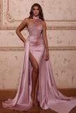 Glamorous Long A-line High Neck One Shoulder Lace Prom Dress With Slit-misshow.com