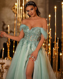 Glamorous Long A-line Off-the-shoulder Lace Beading Prom Dress With Slit-misshow.com