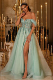 Glamorous Long A-line Off-the-shoulder Lace Beading Prom Dress With Slit-misshow.com