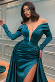 Glamorous Long A-line Off-the-shoulder V-neck Satin Prom Dress With Long Sleeves-misshow.com