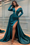 Glamorous Long A-line Off-the-shoulder V-neck Satin Prom Dress With Long Sleeves
