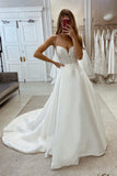 Glamorous Long A-line Sleeveless V-neck Satin Wedding Dress With Lace-misshow.com