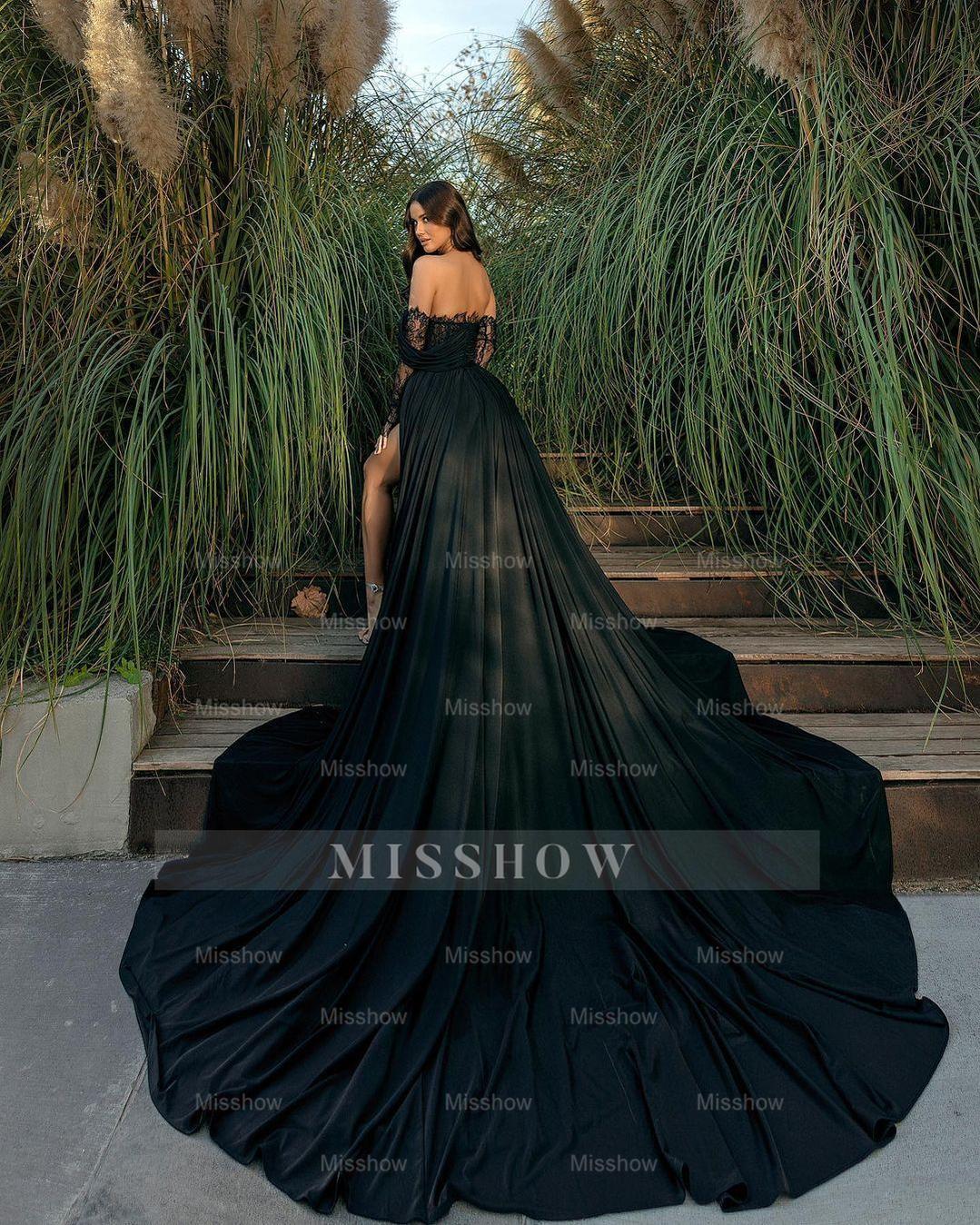 Glamorous Long Black Off-the-shoulder Lace Split Evening Dress With Slit Glamorous Long Black Off-the-shoulder Lace Split Evening Dress With Slit