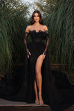 Glamorous Long Black Off-the-shoulder Lace Split Evening Dress With Slit-misshow.com