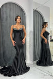 Glamorous Long Black Spaghetti Straps Mermaid Evening Dress With Glitter-misshow.com