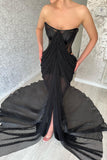 Glamorous Long Black Strapless Split Front Prom Dress