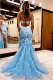 Glamorous Long Blue Glitter Lace Mermaid Sleeveless Prom Dresses With Slit-misshow.com