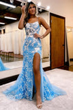 Glamorous Long Blue Glitter Lace Mermaid Sleeveless Prom Dresses With Slit