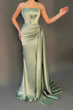 Glamorous Long Dusty Sage Sleeveless Mermaid Evening Dresses With Glitter