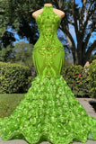 Glamorous Long Green Sequined Halter Flower Mermaid Satin Prom Dress-misshow.com