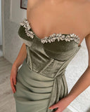 Glamorous Long Green Strapless Velvet Prom Dress With Slit-misshow.com