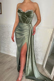 Glamorous Long Green Strapless Velvet Prom Dress With Slit