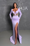 Glamorous Long Lilac Mermaid Beading Long Sleeves Prom Dress With Slit