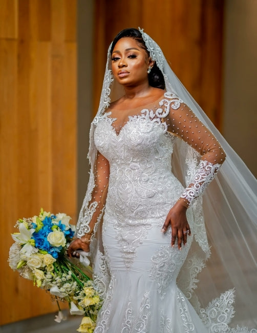 Glamorous Long Mermaid Appliques Long Sleeves Wedding Dresses With Lace-misshow.com
