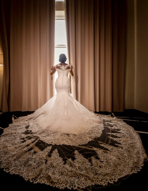 Glamorous Long Mermaid Appliques Long Sleeves Wedding Dresses With Lace-misshow.com