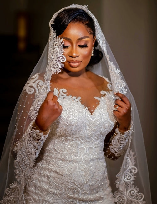 Glamorous Long Mermaid Appliques Long Sleeves Wedding Dresses With Lace-misshow.com