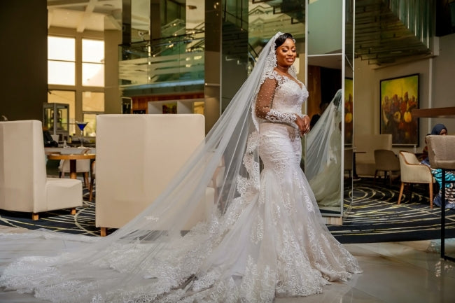 Glamorous Long Mermaid Appliques Long Sleeves Wedding Dresses With Lace-misshow.com