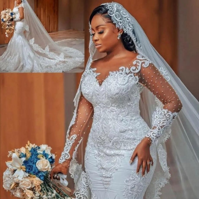 Glamorous Long Mermaid Appliques Long Sleeves Wedding Dresses With Lace-misshow.com
