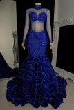 Glamorous Long Mermaid High Neck Flowers Sequined Prom Dress With Long Sleeves-misshow.com