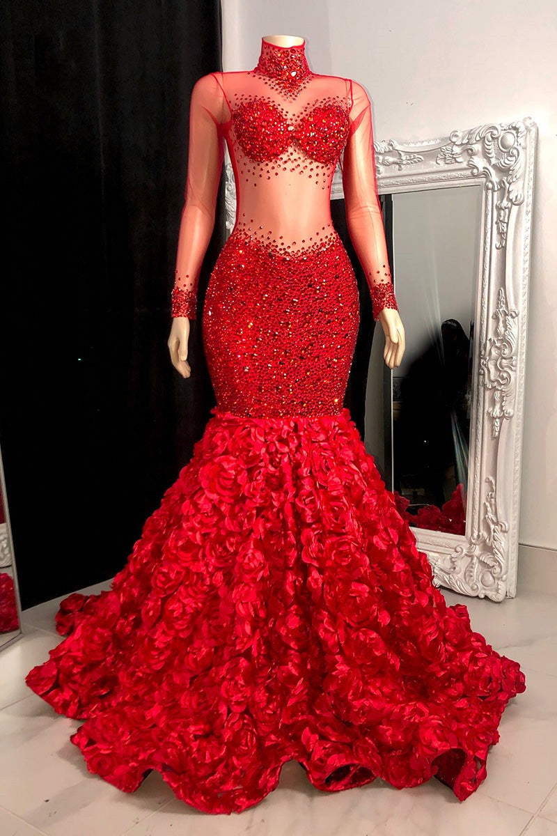 Glamorous Long Mermaid High Neck Flowers Sequined Prom Dress With Long Sleeves-misshow.com
