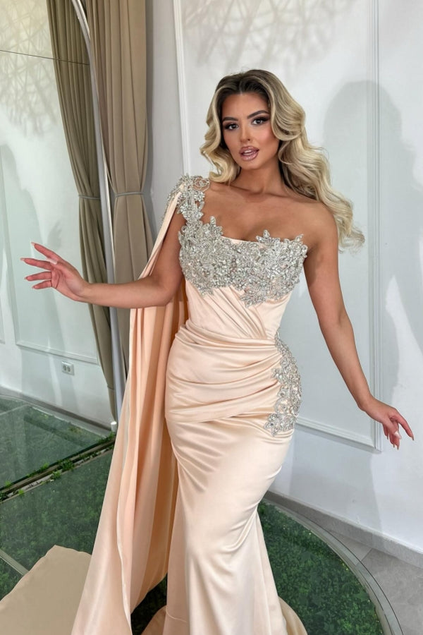 Glamorous Long Mermaid One Shoulder Beading Sleeveless Prom Evening Dresses