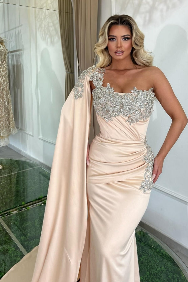Glamorous Long Mermaid One Shoulder Beading Sleeveless Prom Evening Dresses