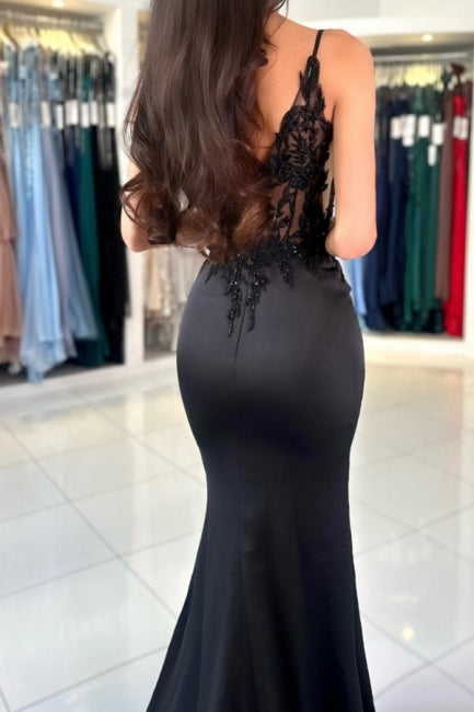 Glamorous Long Mermaid V-neck Spaghetti Straps Lace Prom Evening Dresses with Slit