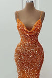 Glamorous Long Orange Spaghetti Straps Sequined Sleeveless Mermaid Prom Dress-misshow.com