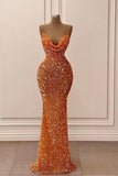 Glamorous Long Orange Spaghetti Straps Sequined Sleeveless Mermaid Prom Dress