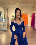 Glamorous Long Royal Blue A-line Halter Long Sleeves Rhinestones Prom Dress With Slit