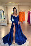 Glamorous Long Royal Blue A-line Halter Long Sleeves Rhinestones Prom Dress With Slit